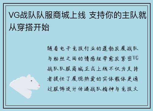 VG战队队服商城上线 支持你的主队就从穿搭开始
