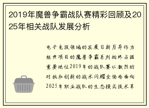 2019年魔兽争霸战队赛精彩回顾及2025年相关战队发展分析