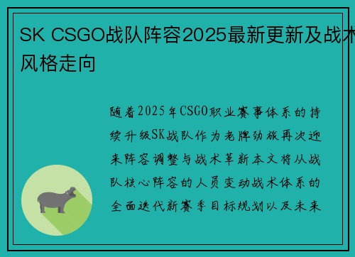 SK CSGO战队阵容2025最新更新及战术风格走向